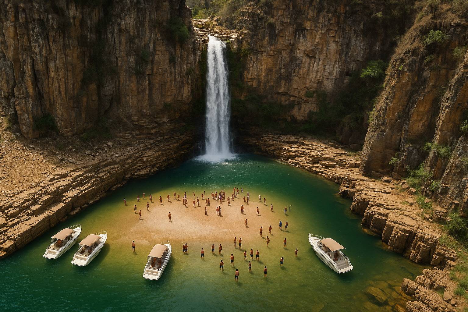 Vista aérea da cachoeira de Capitólio MG com forte volume d’água, praia de areia e lanchas em meio a cânions impressionantes.