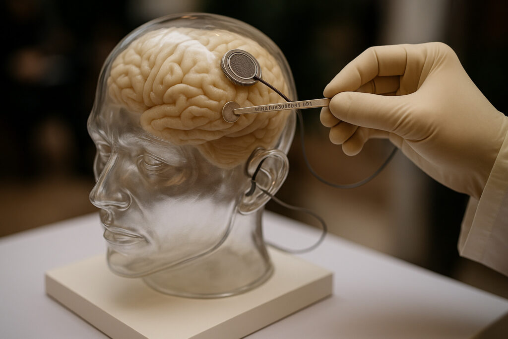 Cirurgia cerebral ultrarrealista mostrando implante neural minúsculo sendo inserido com precisão cirúrgica por instrumentos delicados em tecido cerebral humano, com foco nítido e iluminação natural.