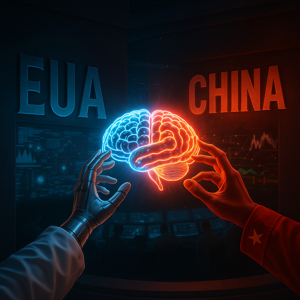Silhuetas de monumentos icônicos dos Estados Unidos e da China aparecem em contraste, unidas por um cérebro estilizado no centro. As siglas “EUA x China” estão elegantemente integradas à cena, esculpidas na arquitetura das estruturas, com iluminação dramática e atmosfera futurista.