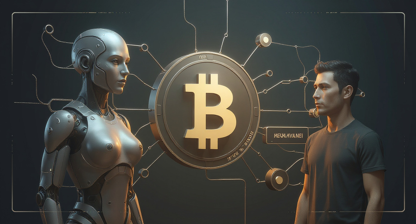 "Imagem conceitual futurista mostrando Bitcoin dourado no centro, flanqueado por um ser humano e um humanoide robótico, representando a evolução da humanidade através da tecnologia blockchain em ambiente sci-fi com tons dourados e azuis"