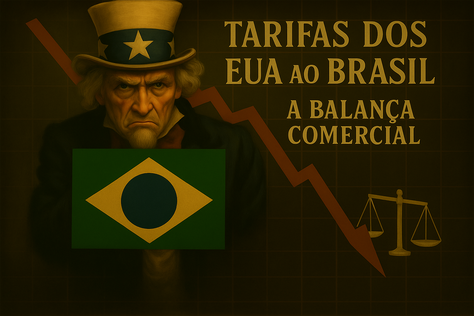 Representação realista do Tio Sam em posição autoritária no primeiro plano, observando um gráfico financeiro de fundo que mostra forte queda, simbolizando o impacto das tarifas impostas pelos EUA sobre o comércio brasileiro.