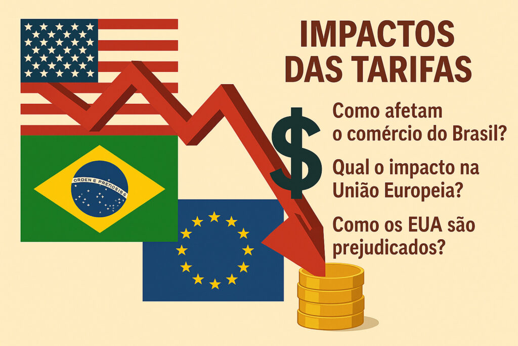 Ilustração detalhada de um fluxo logístico internacional, mostrando containers, navios e pontos alfandegários, com destaque para intervenção de tarifas e seus impactos no intercâmbio de produtos entre EUA, Brasil e União Europeia.