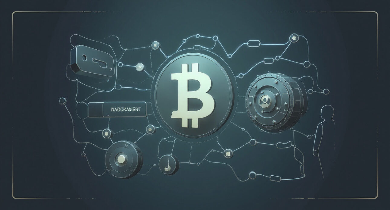 Representação visual do Bitcoin cercado por elementos de segurança como cadeados, cofres e escudos, simbolizando autonomia descentralizada e proteção contra controle externo, com esquema de cores azul e dourado"
