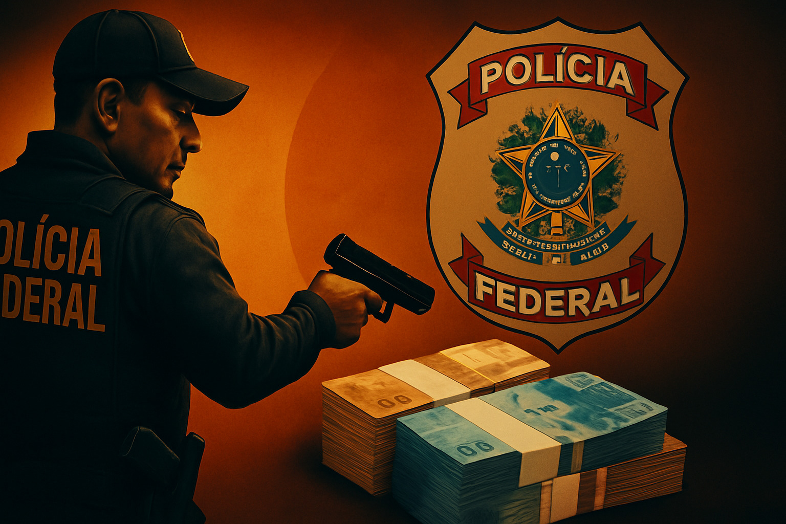 Foto de notas de dinheiro apreendidas, organizadas sobre uma mesa, registradas durante uma operação policial