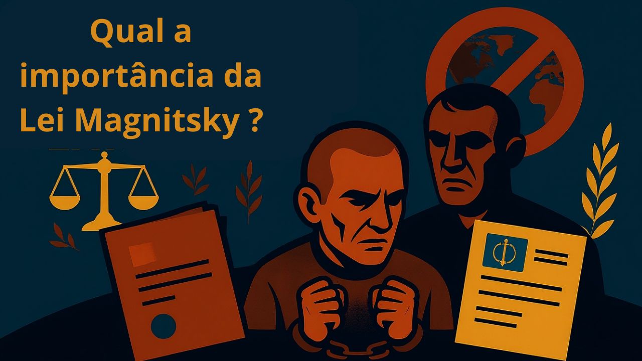 Ilustração digital simbólica de uma mão robusta e estilizada segurando firmemente uma balança da justiça. No prato ascendente da balança, uma fonte de luz brilhante ou um ícone de integridade se eleva, enquanto no prato descendente, uma forma escura e opressora, representando a impunidade e a corrupção, é visivelmente pesada. O fundo apresenta um mapa-múndi global, levemente desfocado, reforçando a abrangência da Lei Magnitsky na promoção da responsabilização e no combate à injustiça em escala internacional.