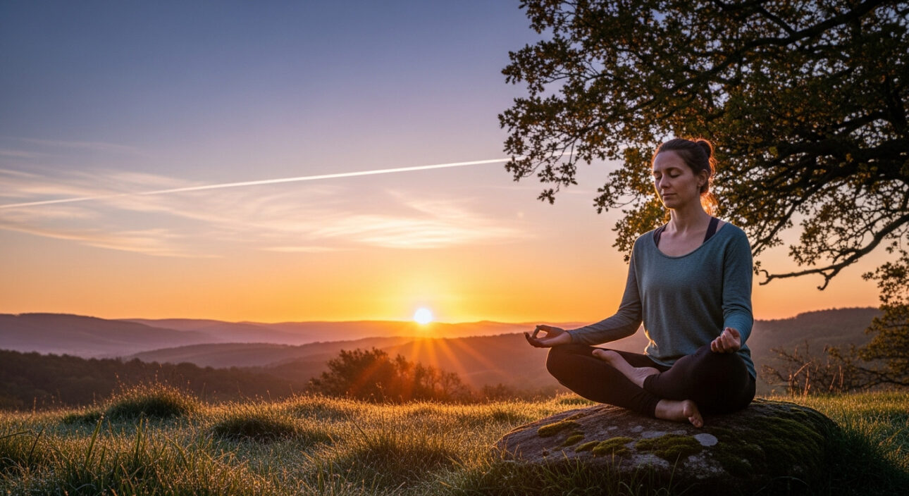 Pessoa meditando em posição de lótus ao amanhecer em ambiente natural, cercada por árvores e montanhas com luz dourada do sol nascente